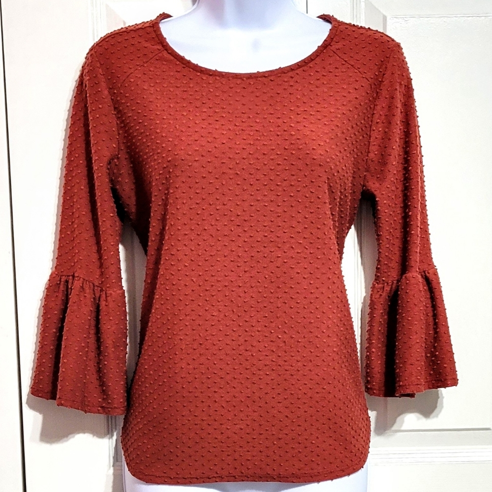 W5 Burnt Orange Bell Sleeve Blouse Dot Texture 3/4 Sleeve Brick Rust Ruf…